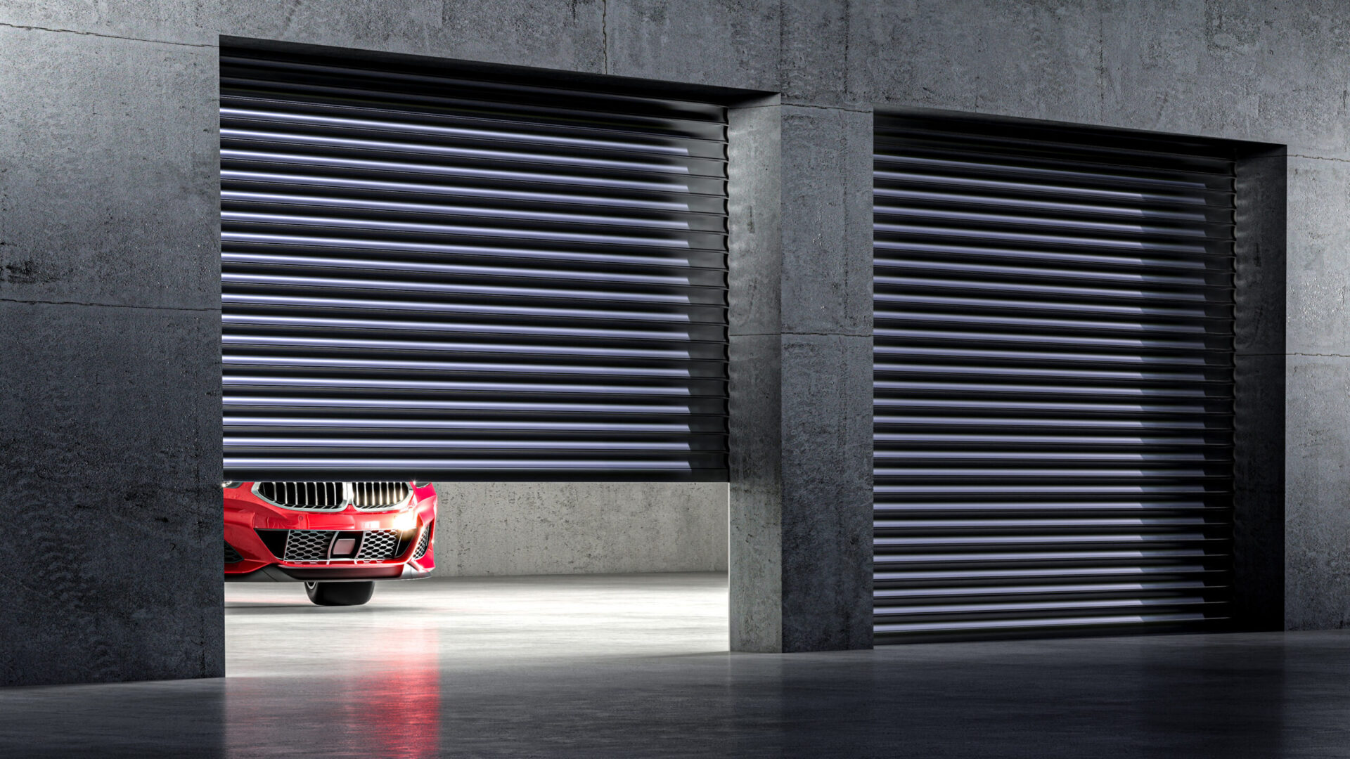 outside of garage with shutters, red car inside. 3d render